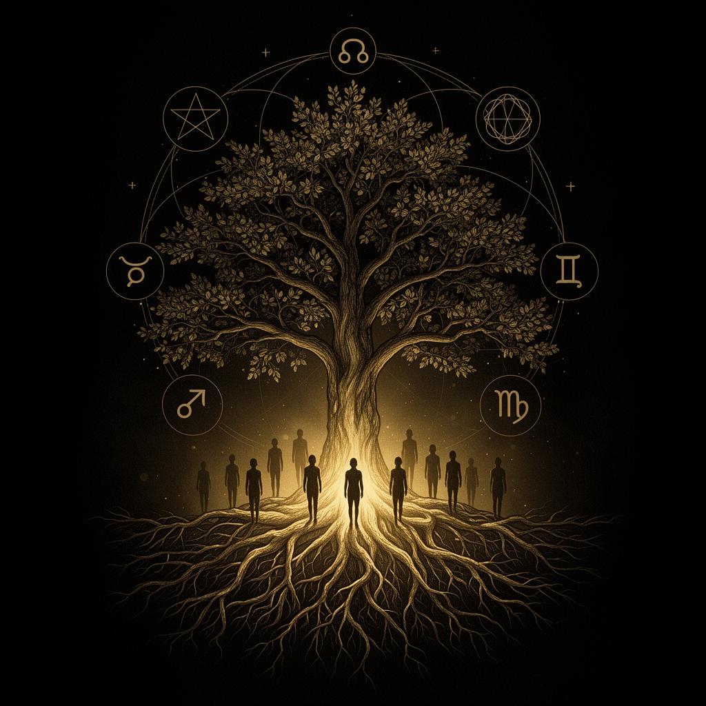 Ilustração simbólica: árvore ancestral com raízes douradas, figuras sistêmicas e símbolos zodiacais